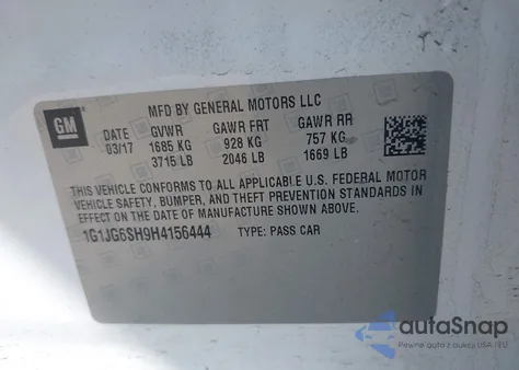 2017 Chevrolet Sonic Lt Auto из США, поврежденный, VIN 1G1JG6SH9H4156444